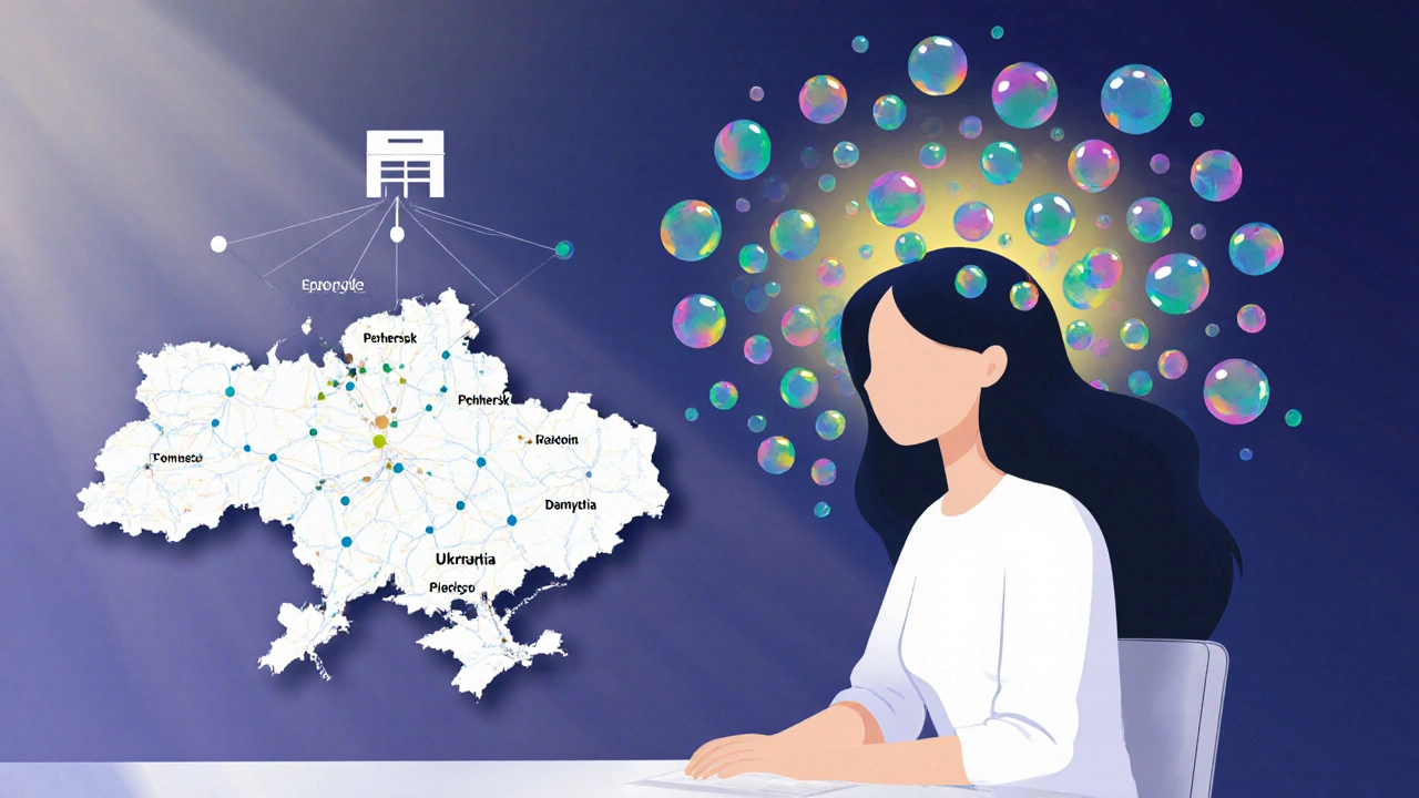 Жінка оточена кольоровими бісеринками, які утворюють світлу хмару, символізуючи роботу вдома з усієї України.