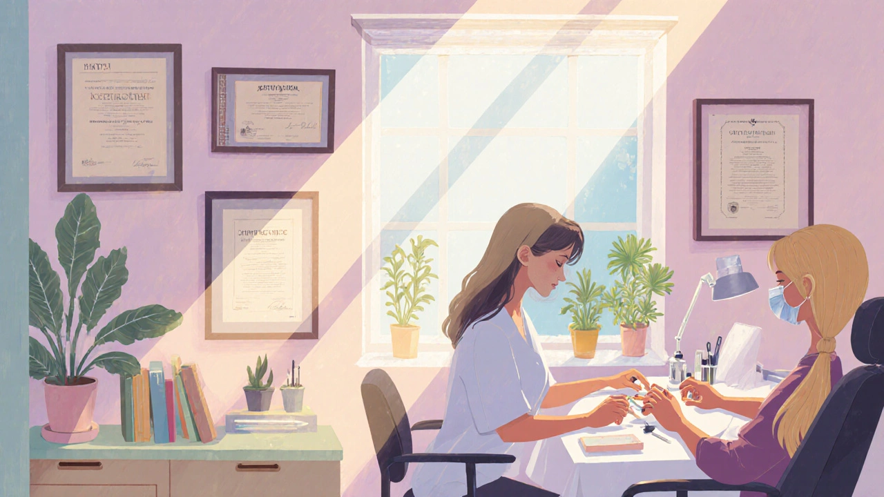 Жінка робить манікюр вдома, сонячний світло падає на інструменти і руки клієнтки.