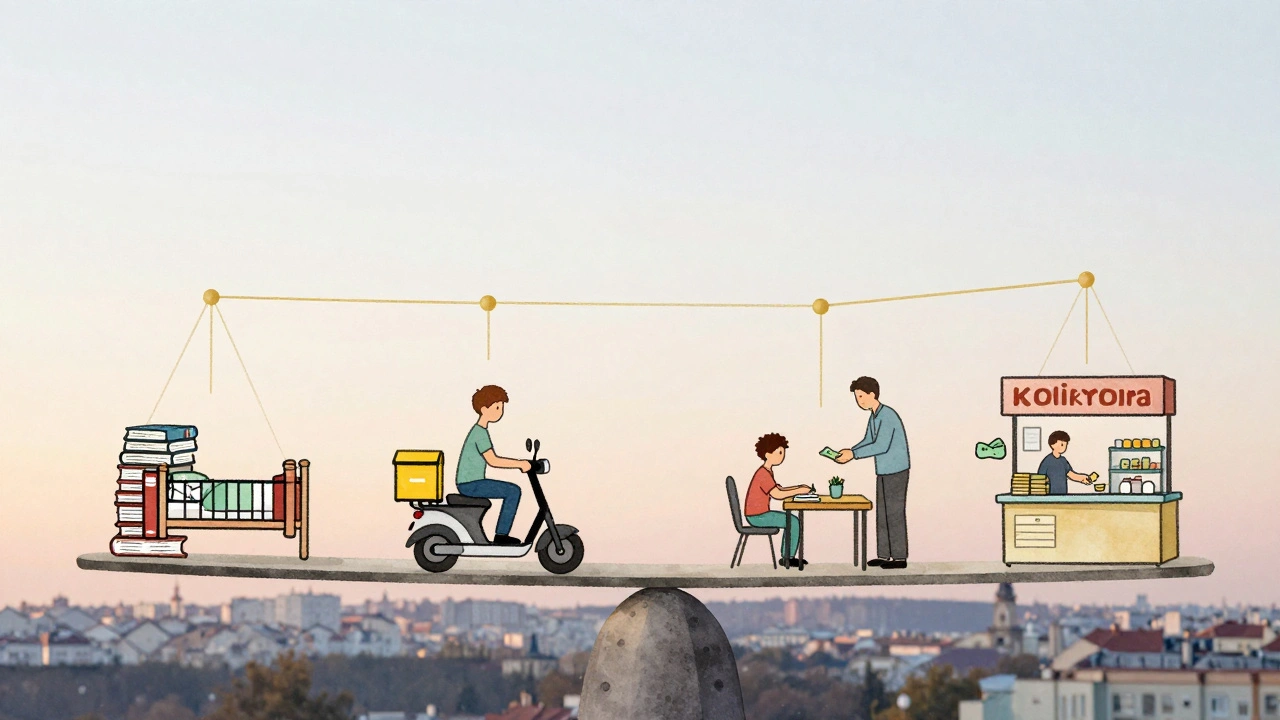 Баланс між навчанням і роботою: книжки, кур’єр, репетиторство та готівка, символізує гнучкий графік.