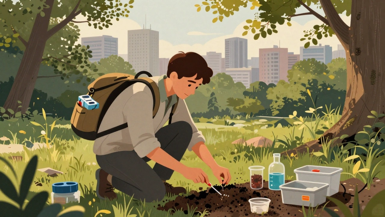 Біолог збирає зразки ґрунту та води в парку Києва під час екологічного моніторингу.