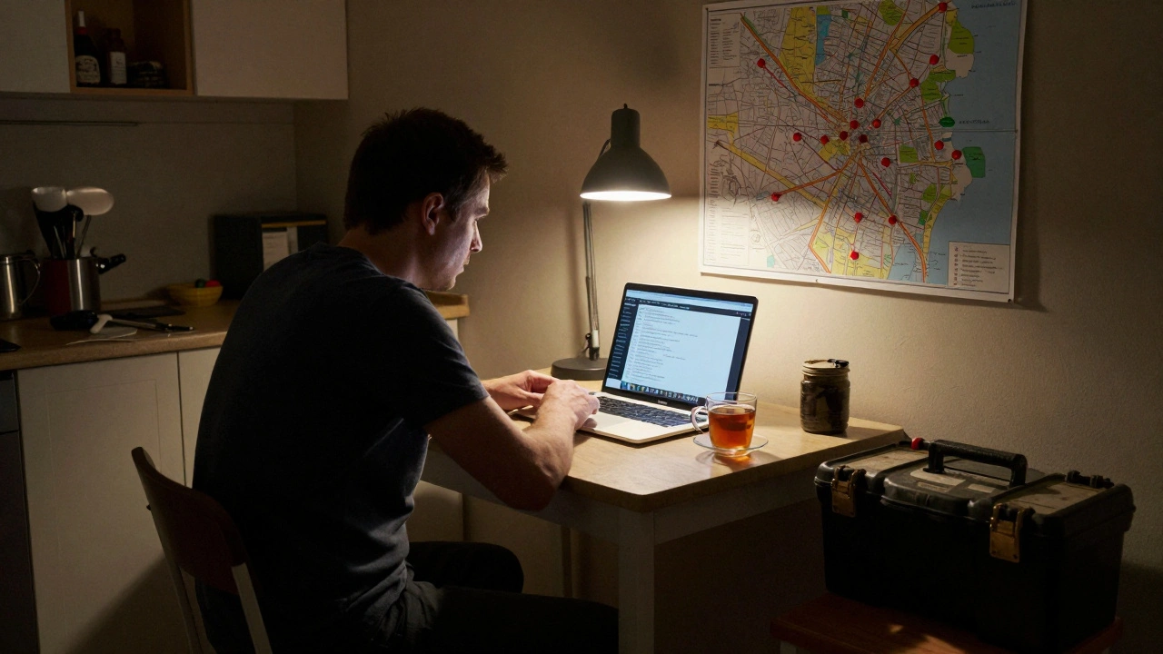 Чоловік переглядає вакансії на ноутбуці вдома, біля нього інструменти та карта міста.