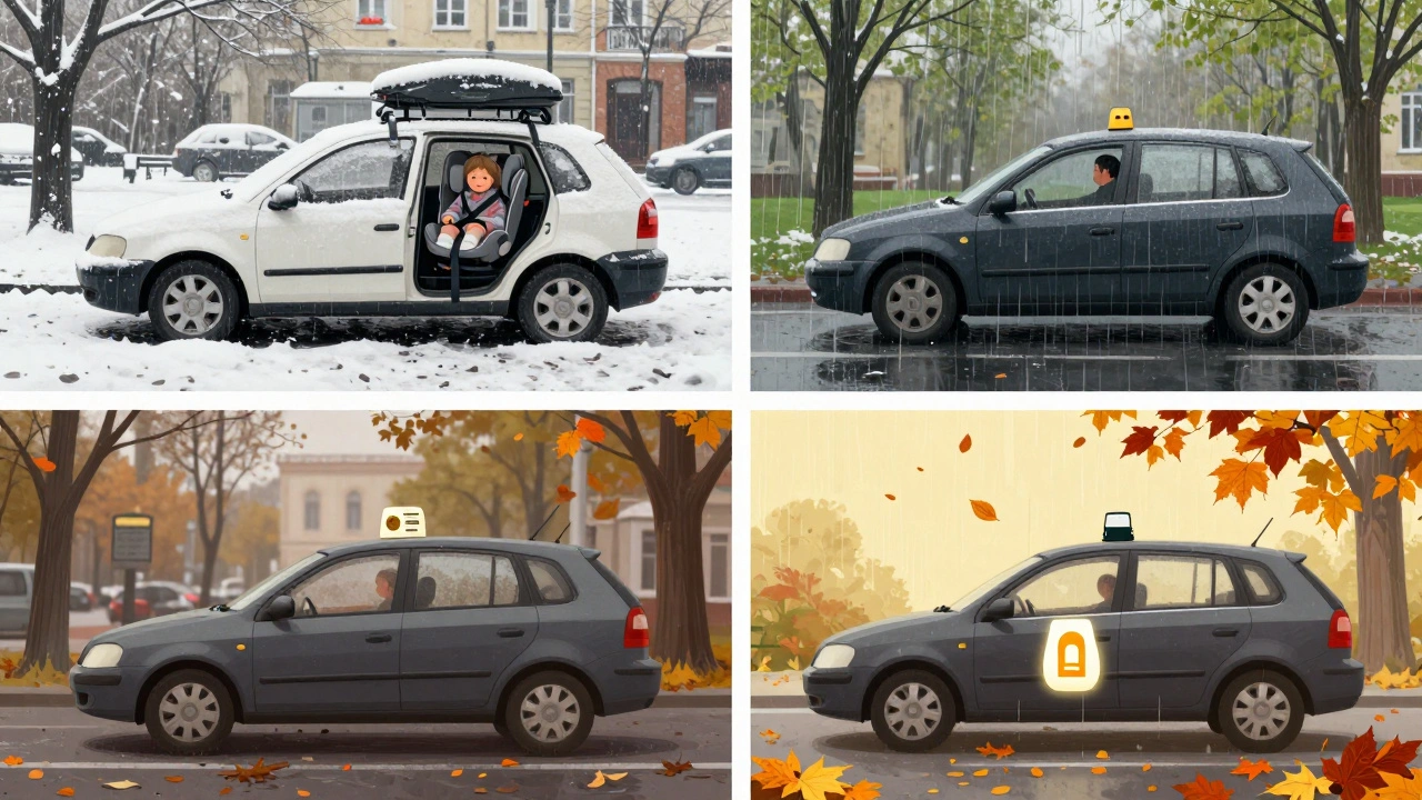 Чотири пори року в житті таксиста: зима, весна, літо, осінь — один автомобіль, різні умови роботи.