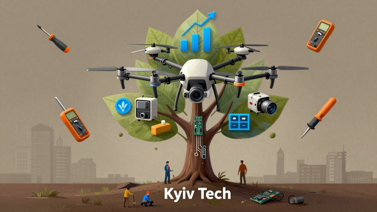 Дерево з компонентів дронів символізує розвиток дронової індустрії в Києві.