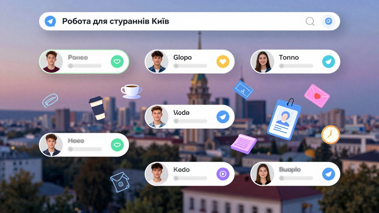 Діалог у Telegram-групі для студентів з вакансіями, іконки додатків, готівки та студенських квитків.