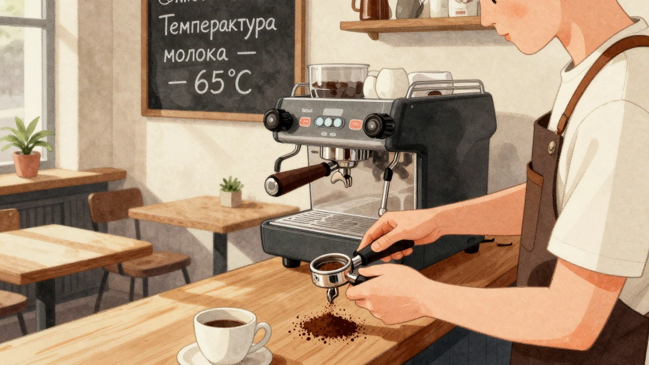 Досвідчений бариста навчає новачка, як правильно використовувати кавовий автомат, сонячне світло на дерев’яному столі.