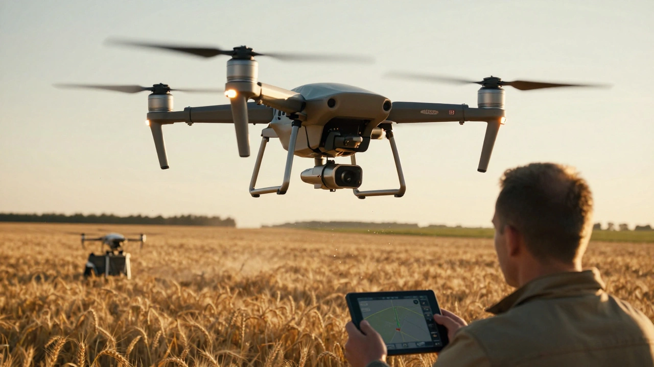 Дрон літає над сільськогосподарським полем, технік спостерігає за польотом з планшетом.