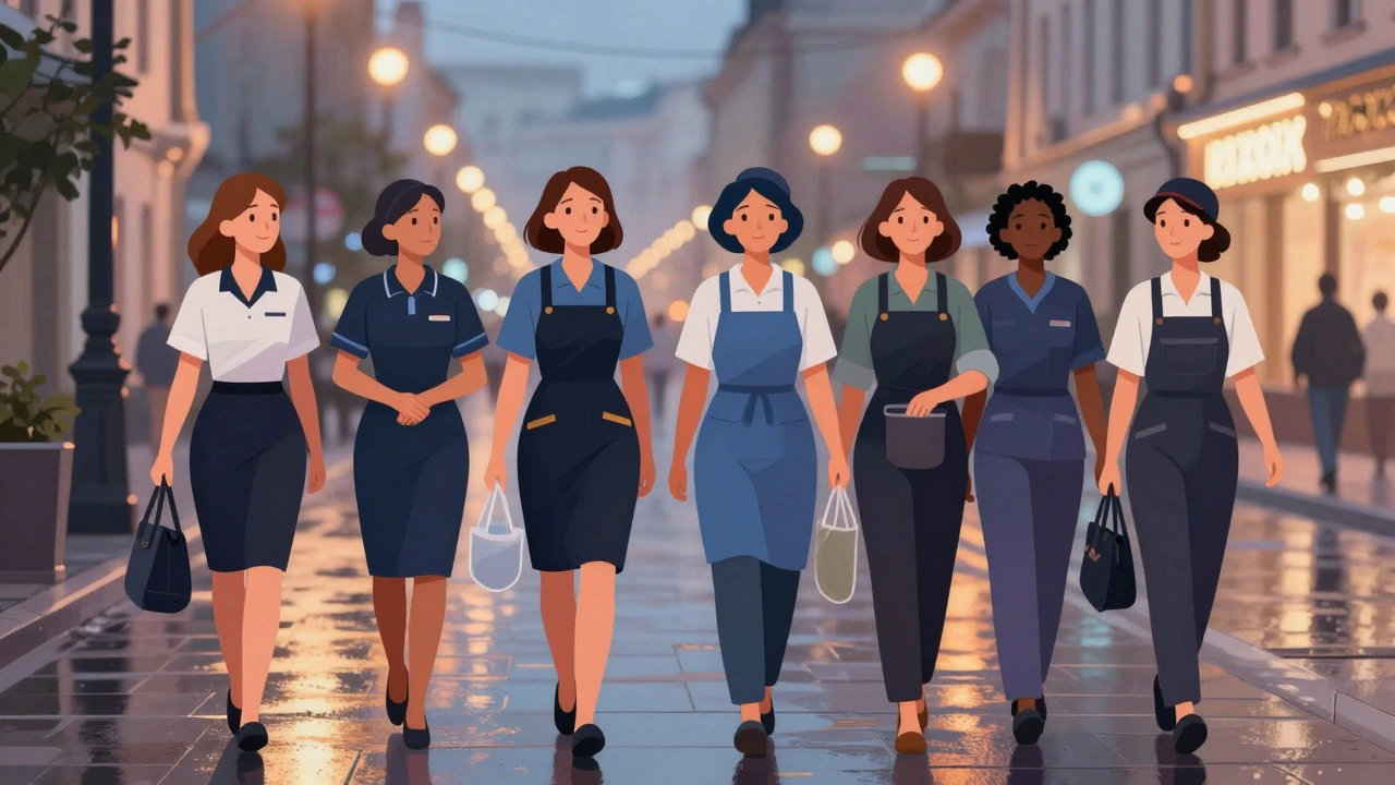 Група жінок різних професій ідуть вулицею Києва вночі, кожна у своїй робочій формі.