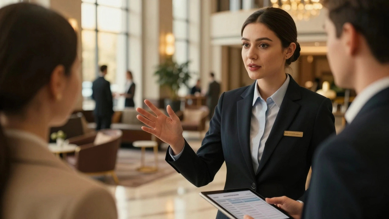 Хостес спокійно вирішує конфлікт у лобі готелю в Києві.