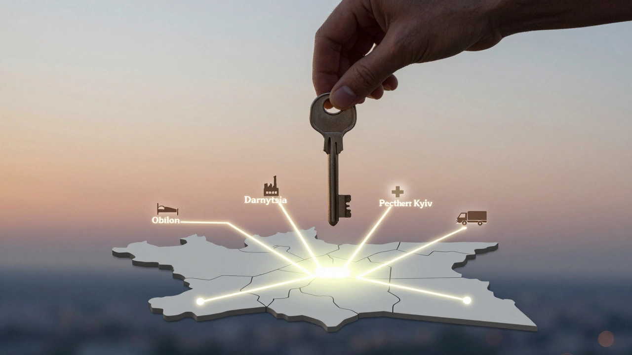 Ключ у повітрі випромінює світлові шляхи до чотирьох районів Києва, символізуючи доступ до роботи з житлом.