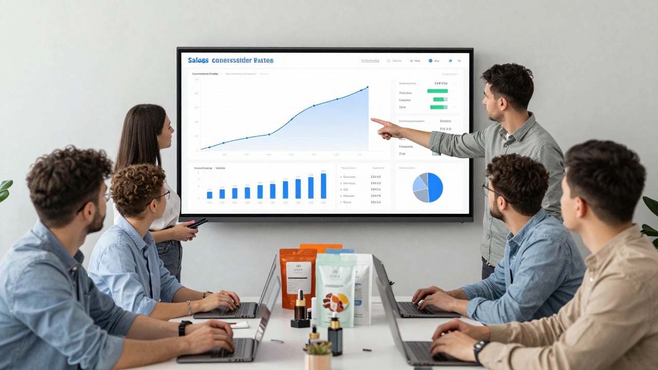 Команда в офісі аналізує дані продажів на великому екрані, оточена зразками техніки та косметики.