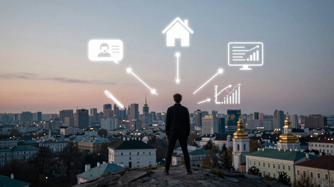 Концептуальна ілюстрація віддаленої роботи в Києві з символами професій, що з’єднані з дому.
