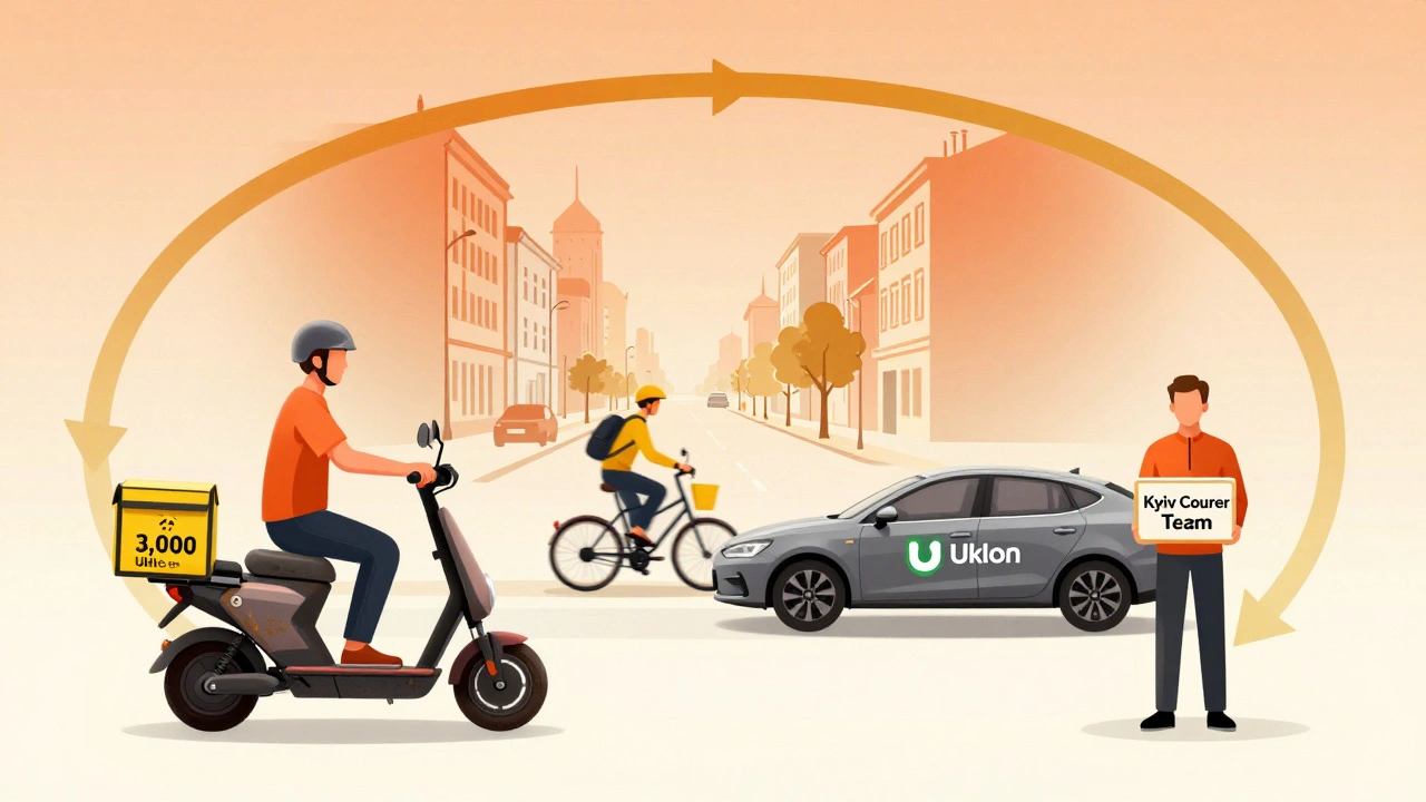 Концептуальна сцена зростання кур'єра: від самоката до авто і власного бізнесу в Києві.