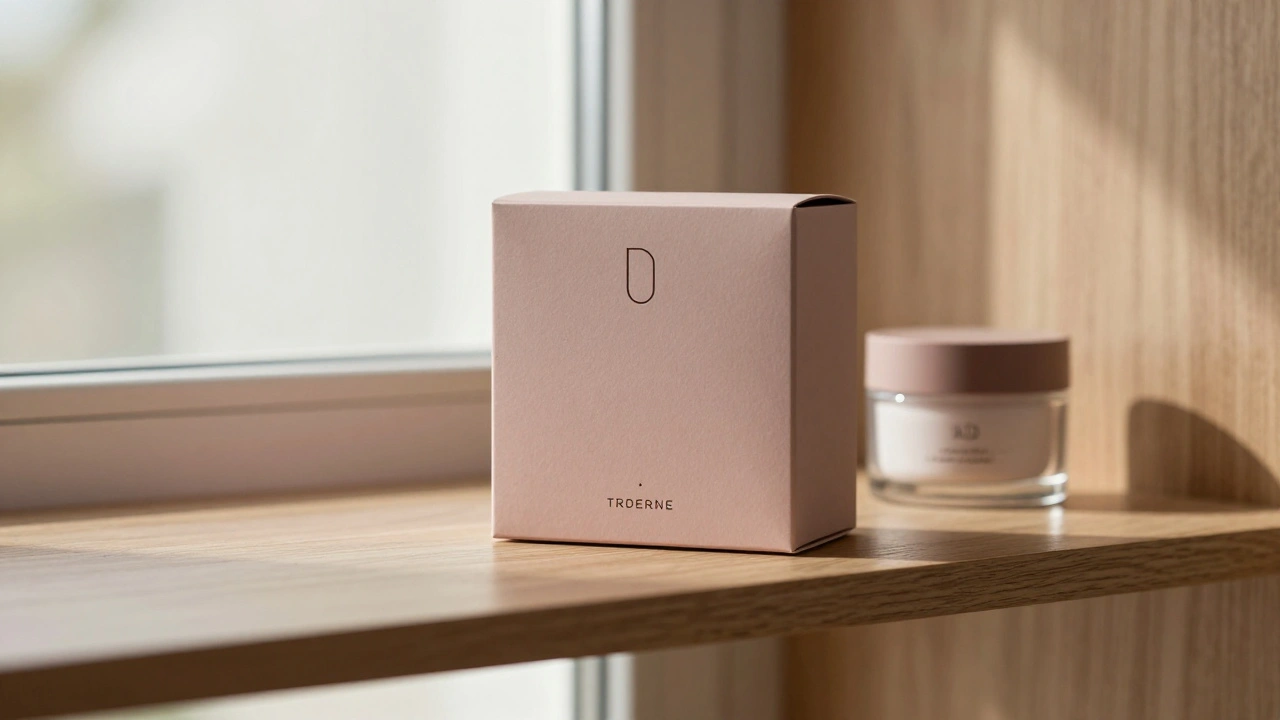 Косметика у матовій переробленій паперовій упаковці з природними кольорами на дерев’яній полиці.