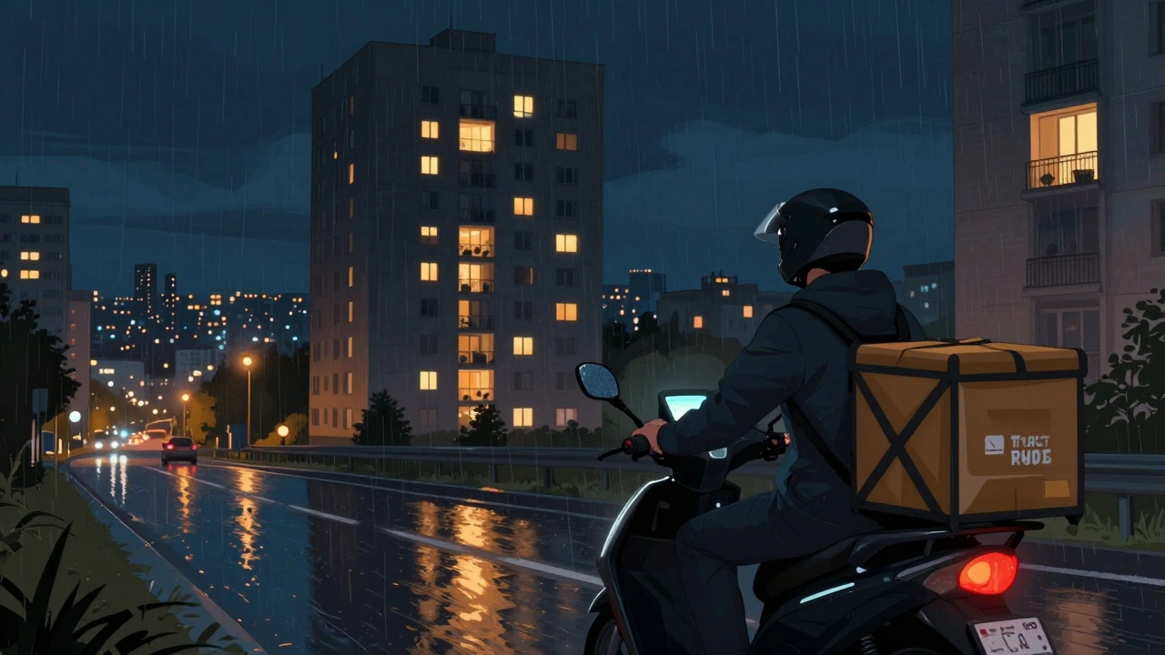 Кур'єр на мотоциклі доставляє замовлення в передмістя Києва вночі, підсвічений вікнами будинків.