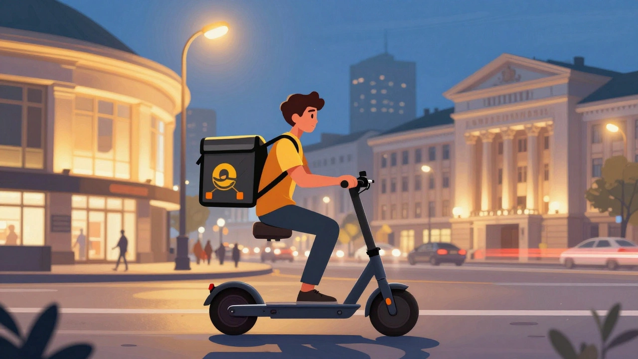 Кур&#039;єр на самокаті доставляє замовлення вночі в Києві