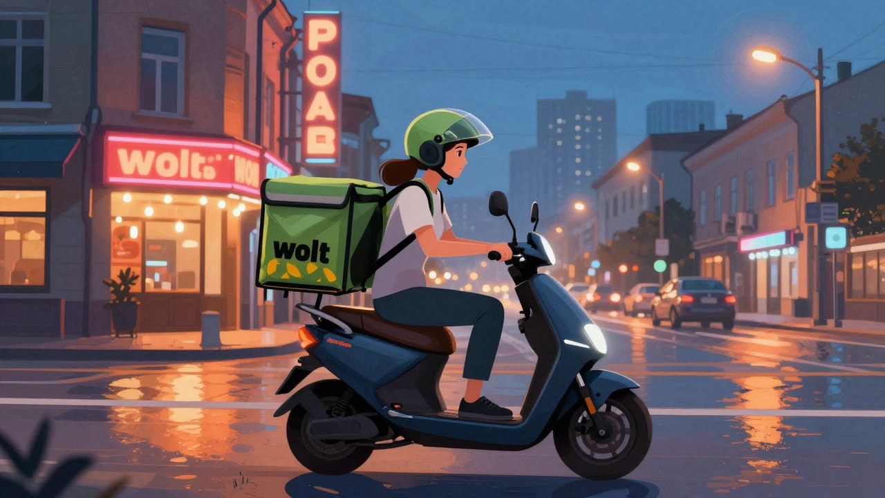 Кур’єрка на електросамокаті доставляє замовлення вночі на вулиці Дніпровській у Солом’янському районі.