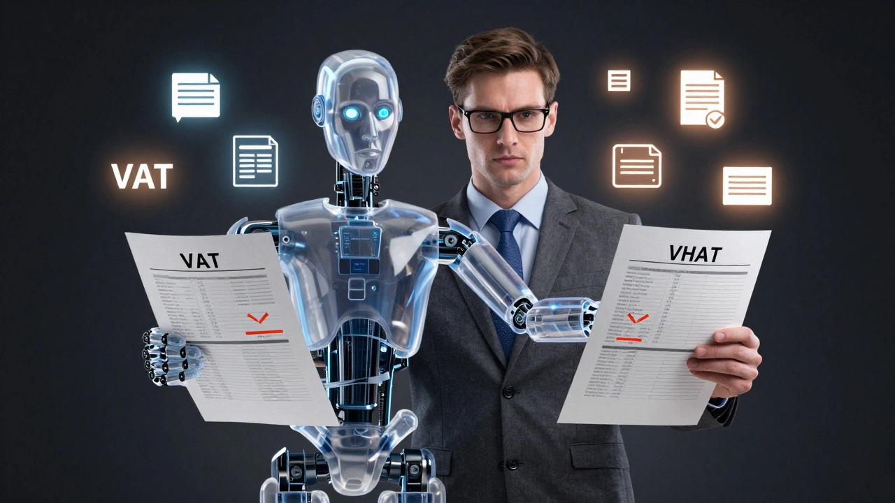 Людина-бухгалтер керує роботом, підкреслюючи незамінність людського розуму у фінансах.