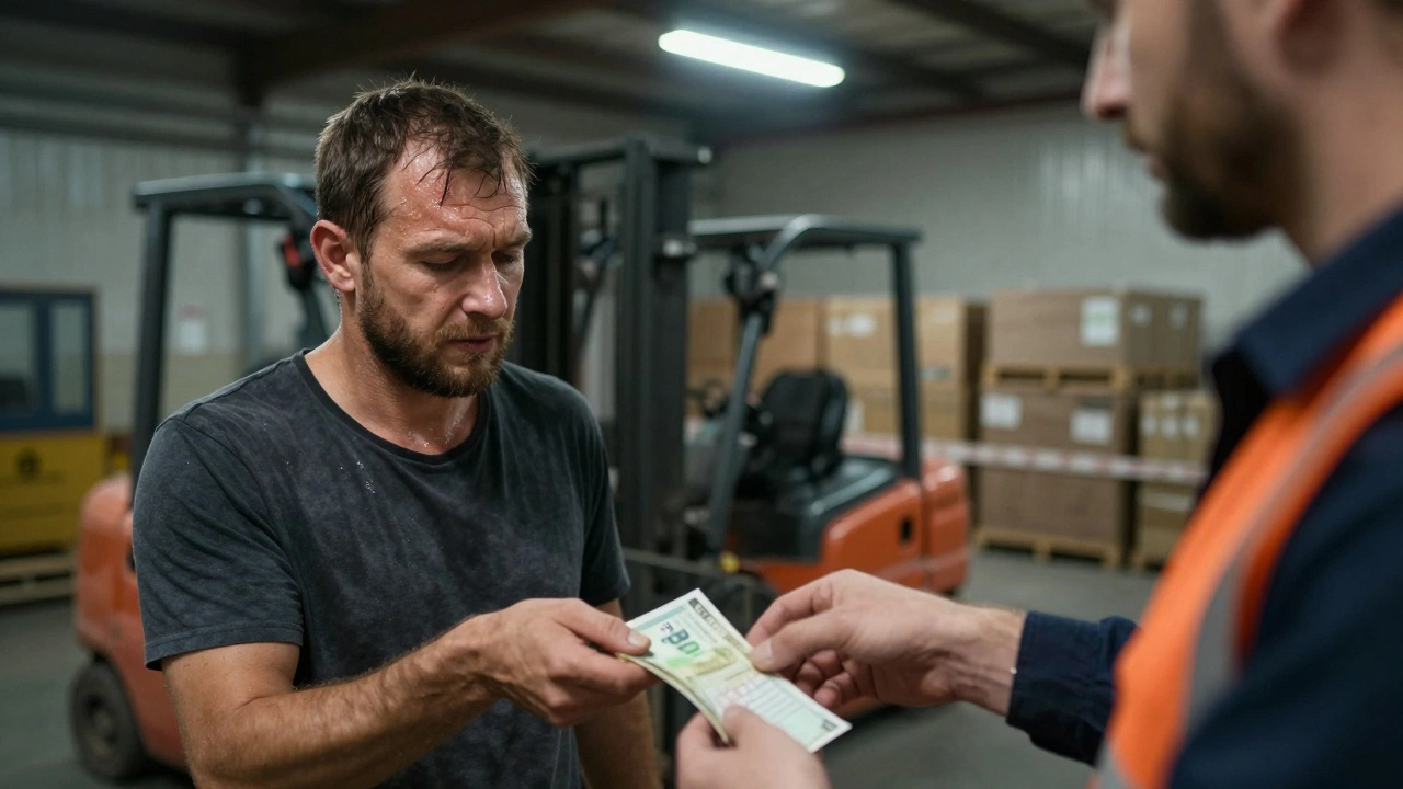 Начальник складу видає готівку працівнику після нічної зміни.