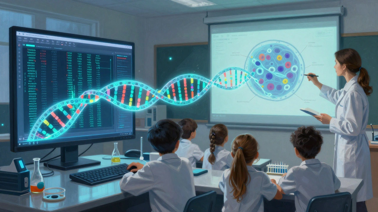 Поділена сцена: біолог аналізує ДНК на комп&#039;ютері та викладає біологію студентам.