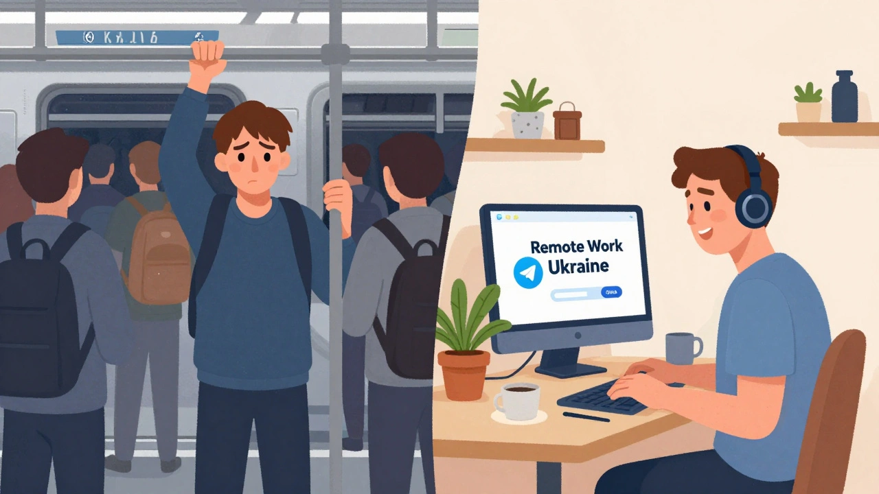 Порівняння: людина в щільному метрополітені проти тієї ж людини, що працює з дому зі сміхом.