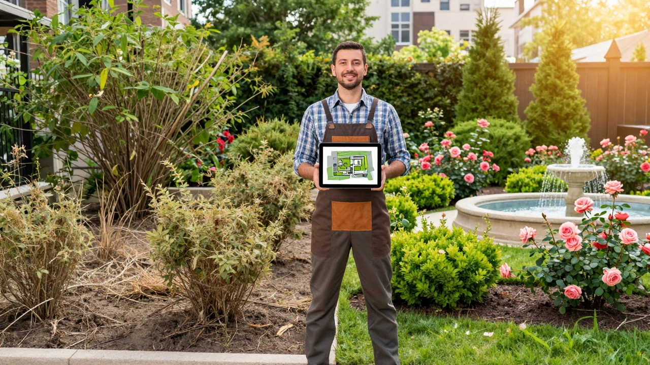 Порівняння знехтуваного та озелененого саду — садівник показує результат своєї роботи.