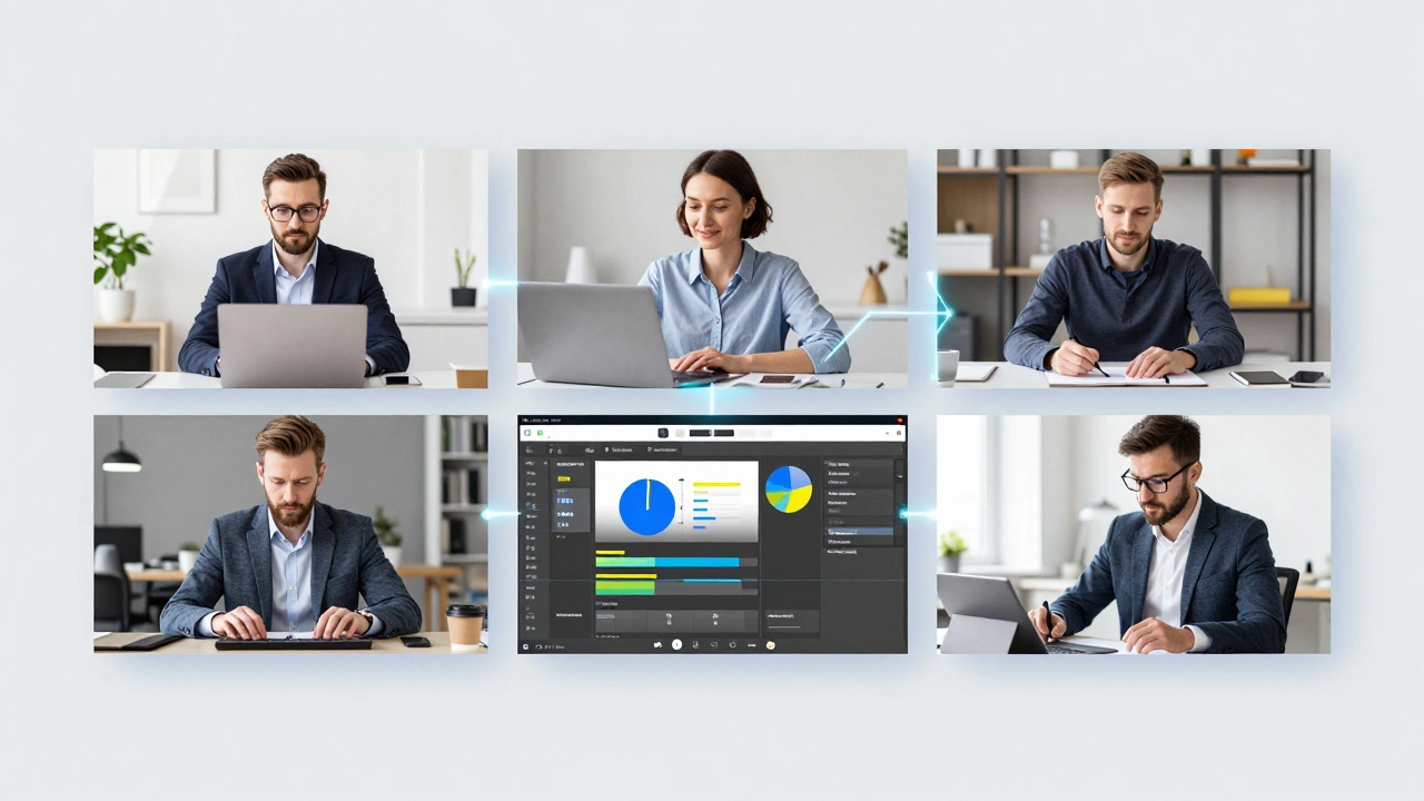 Професіонали в Україні співпрацюють віддалено через цифрові інструменти, зображені в стилі сучасного диджитал-простору.