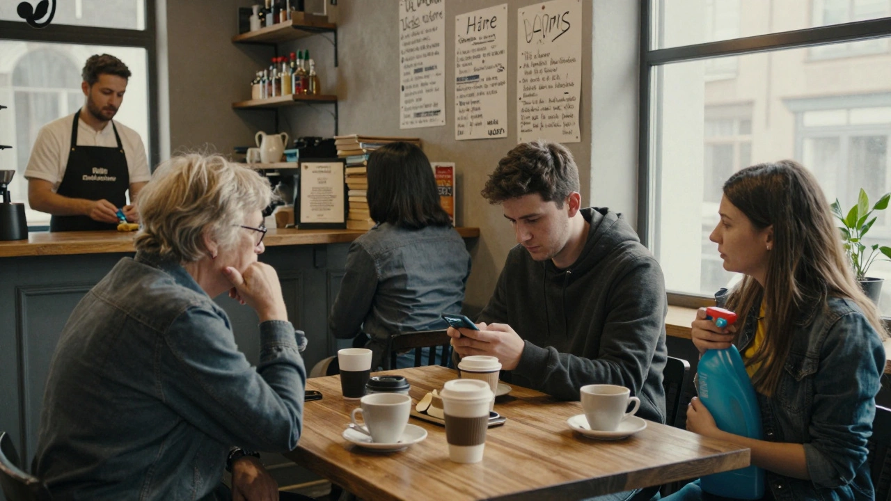 Різні шукачі роботи розмовляють у місцевому кафе, на стіні — листівки з пропозиціями.