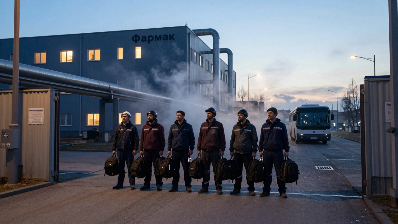 Робітники стоять біля заводу Фармак під ранковим світлом, біля гуртожитку, з рюкзаками в руках.