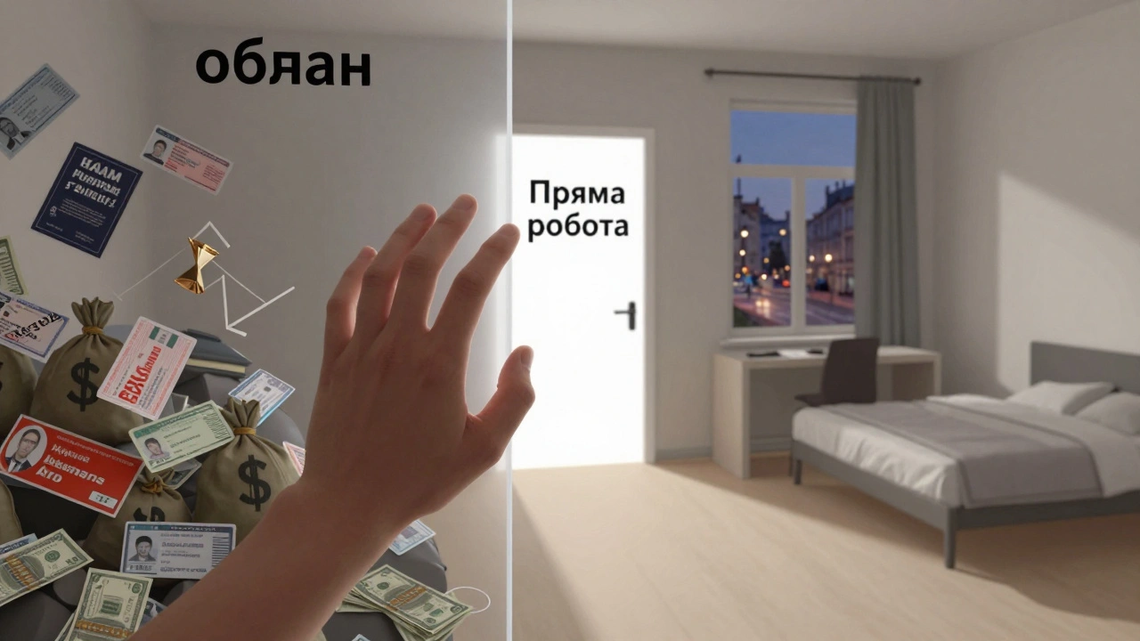 Рука долає бар’єр обману, щоб дістатися до дверей прямої роботи з житлом у Києві.