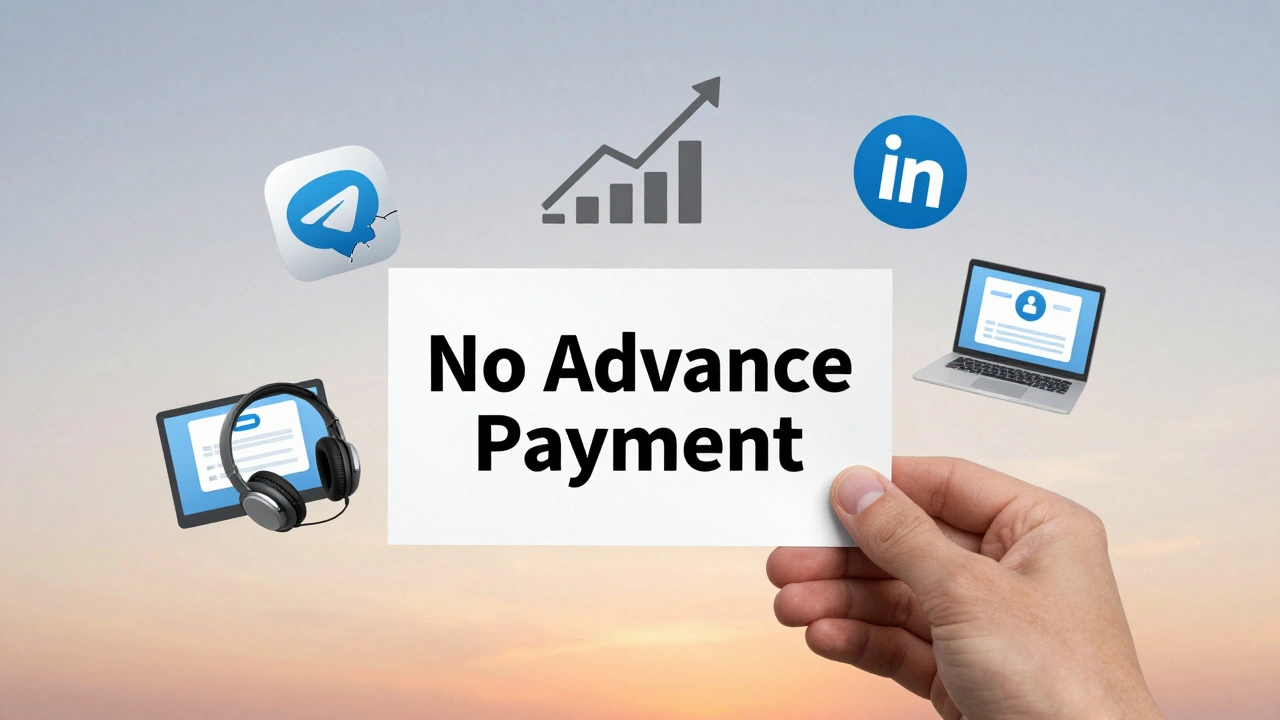 Рука тримає цифровий контракт з написом &#039;Без передплати&#039;, оточений символами легітимної роботи з дому.