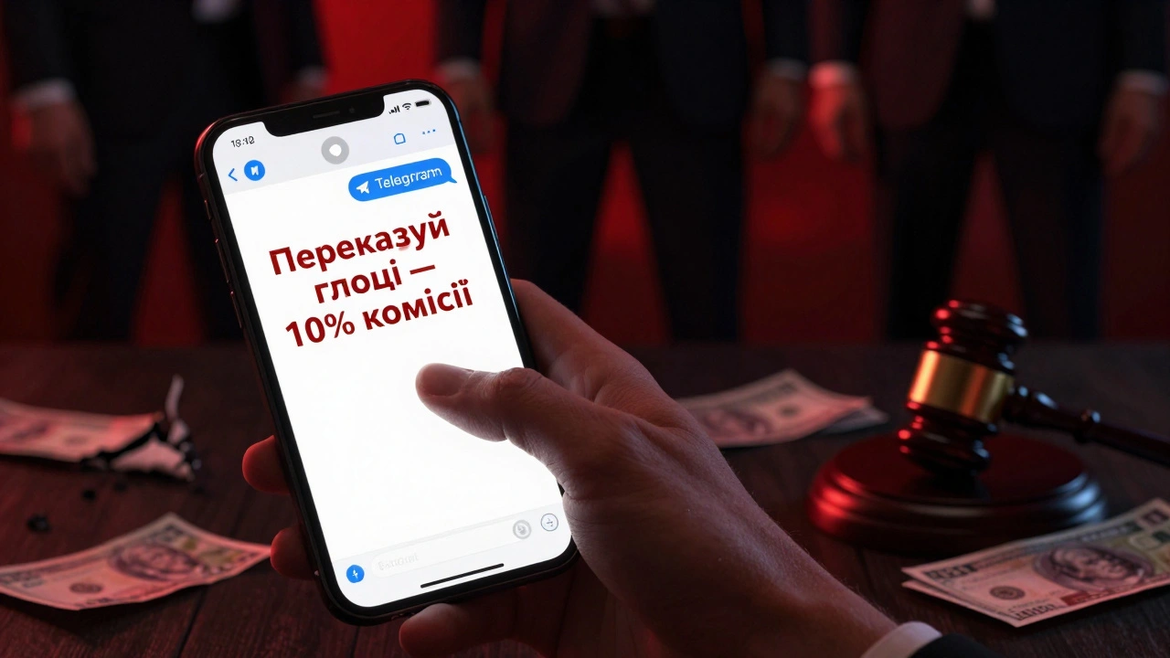 Рука тримає телефон з підозрілим повідомленням про переказ грошей, тіні злочинців позаду.