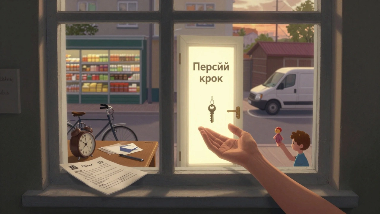 Рука з вікна пропонує ключ до дверей з написом 'Перший крок', символізуючи початок роботи.