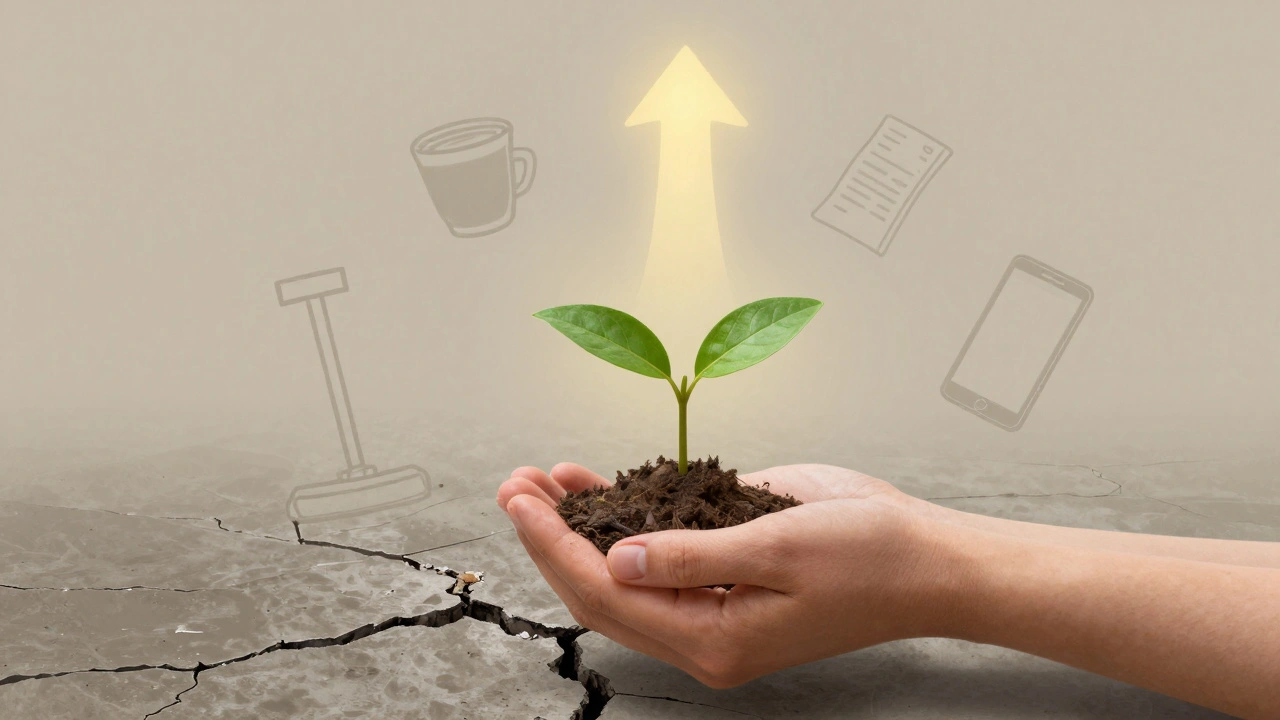 Руки тримають саженець, що росте з тріщини на асфальті, навколо — символи роботи.