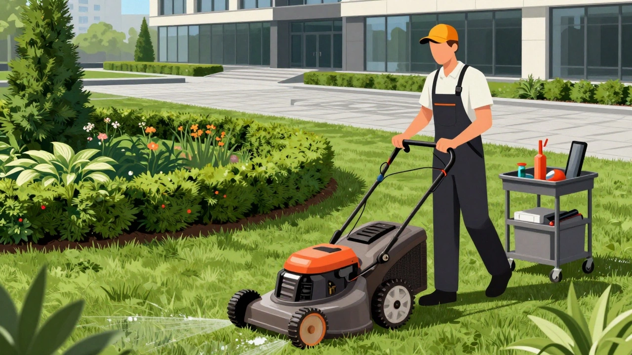 Садівник косить газон біля бізнес-центру, навколо — аккуратні квітники та доріжки.
