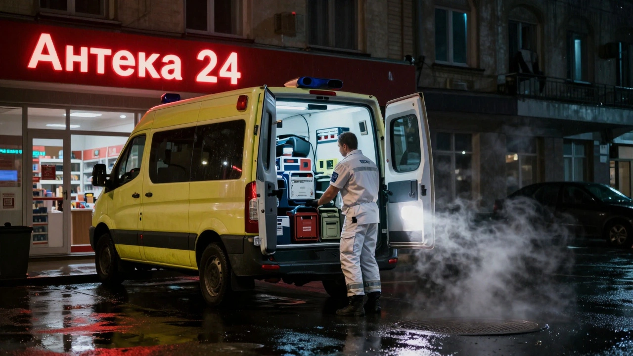 Швидка допомога біля аптеки 24/7 у нічний час.