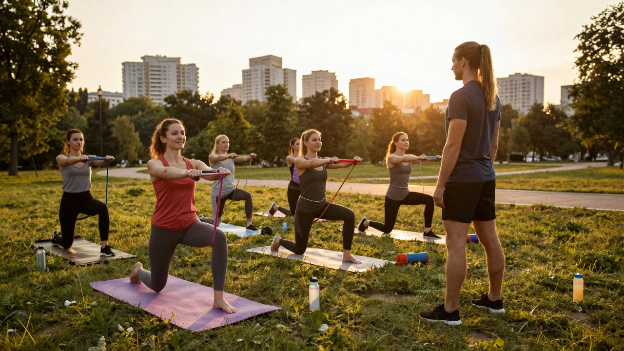 Тренер проводить групове тренування в парку Києва на заході сонця.