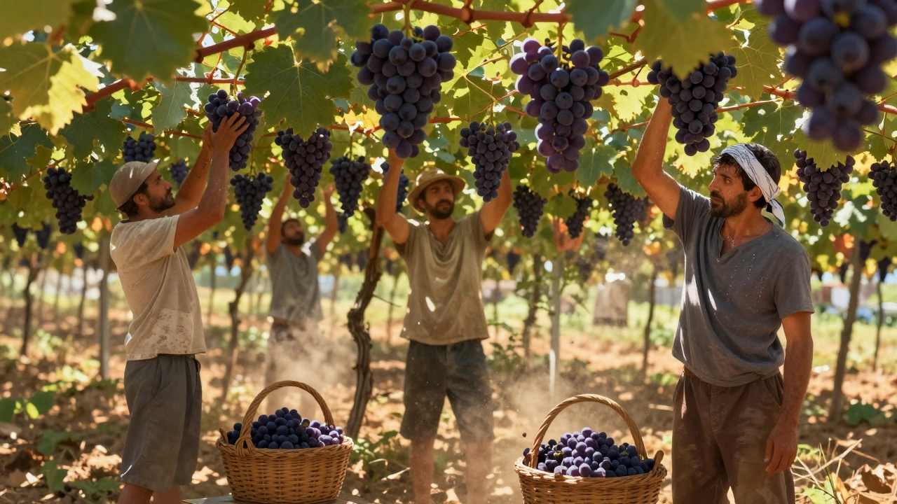 Три працівники збирають виноград руками в літній виноградник на околиці Києва.