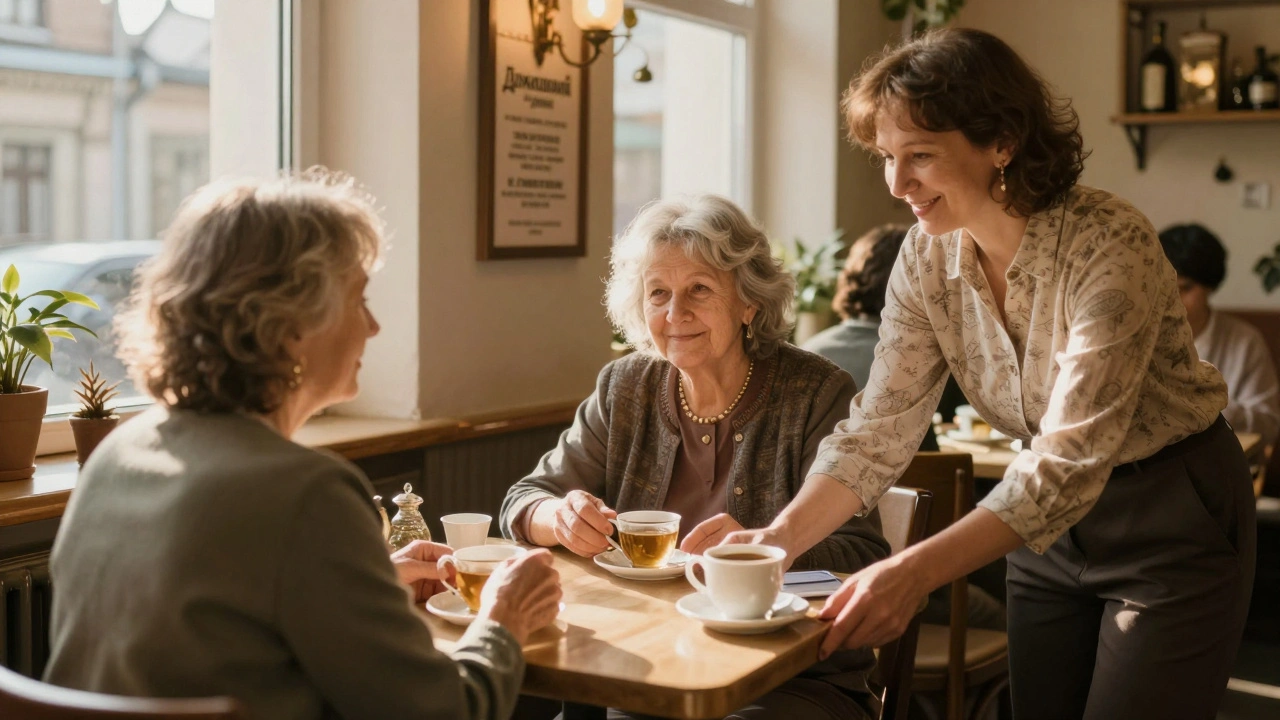 Три жінки після 50 працюють у кав’ярні, обслуговуючи пожилого клієнта з теплотою.