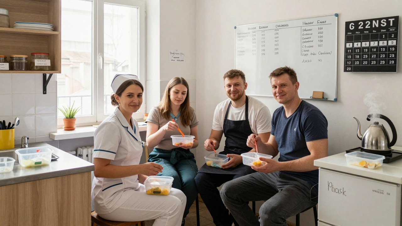 Троє працівників — медсестра, повар і водій — сидять разом у кухні гуртожитку в Оболоні, їдять і сміються.