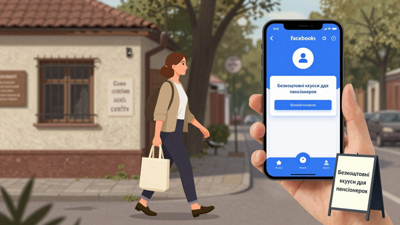 Жінка після 50 йде по Києву, отримуючи підтримку через соціальний центр і онлайн-групу.