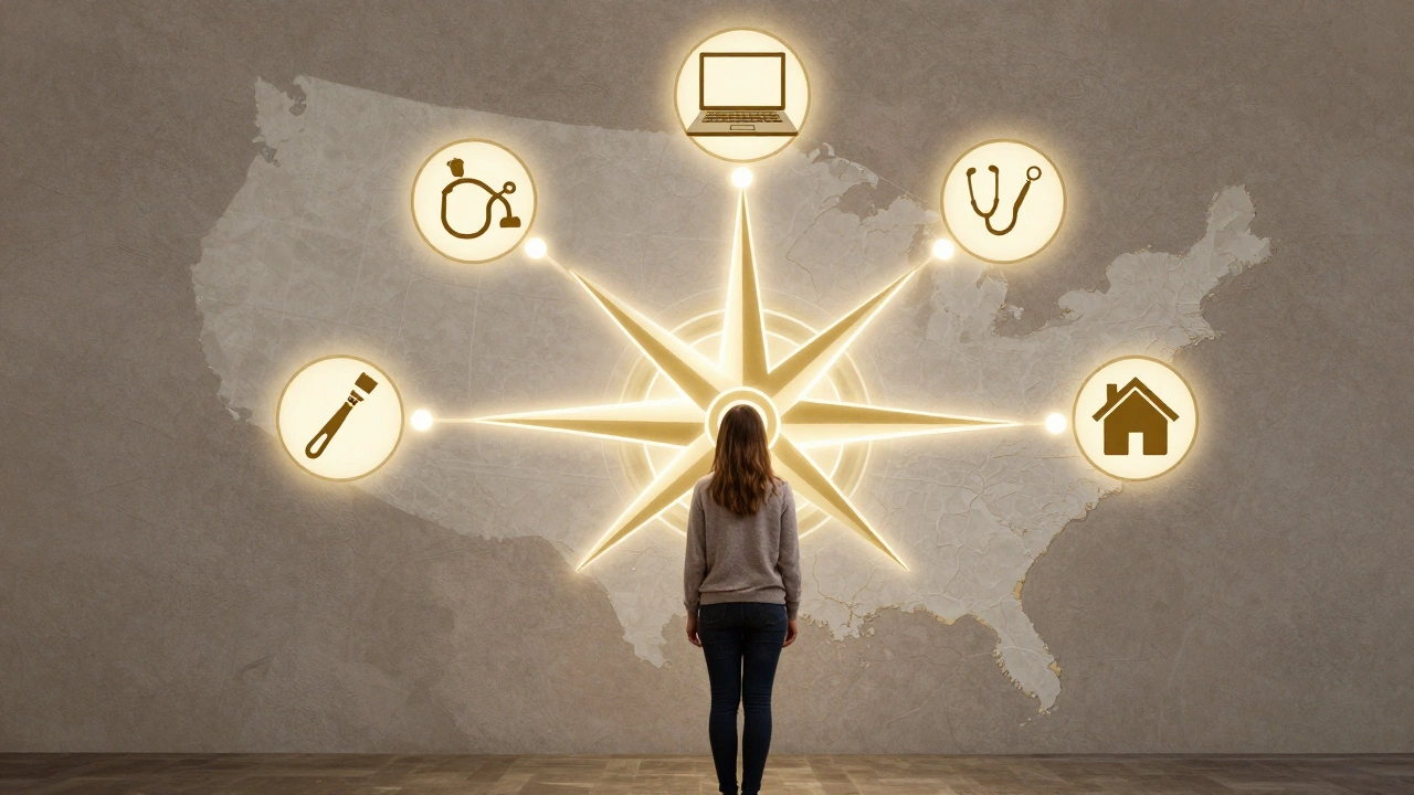 Жінка в центрі карти Києва з символами роботи: ноутбук, стетоскоп, фарби, і будинок.