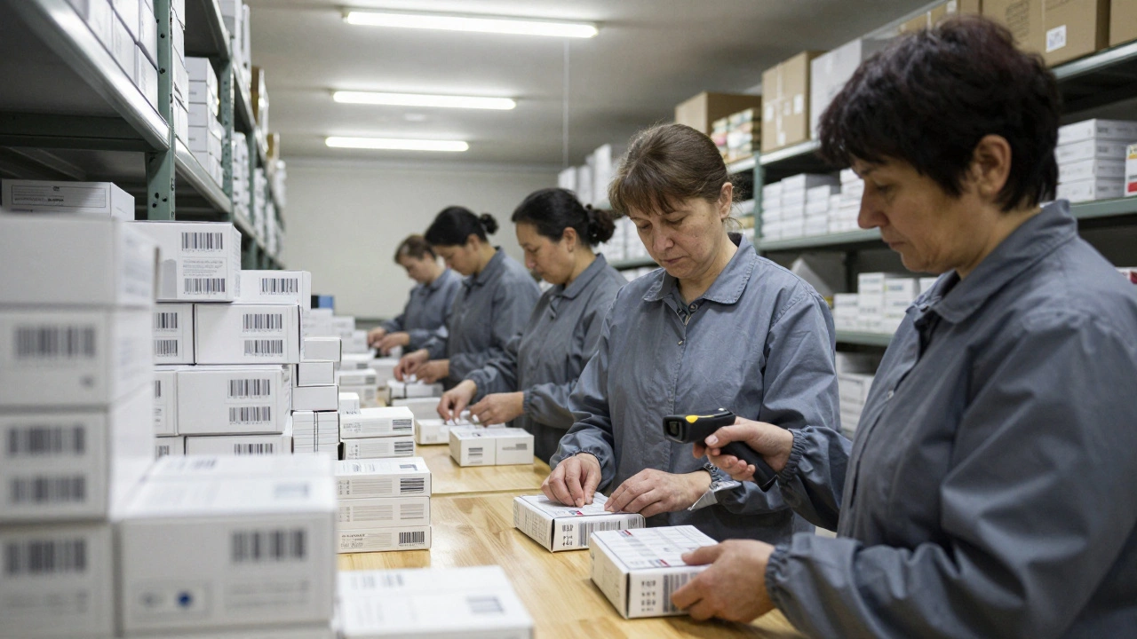 Жінки 50+ розфасовують ліки на складі фармацевтичної компанії в Києві