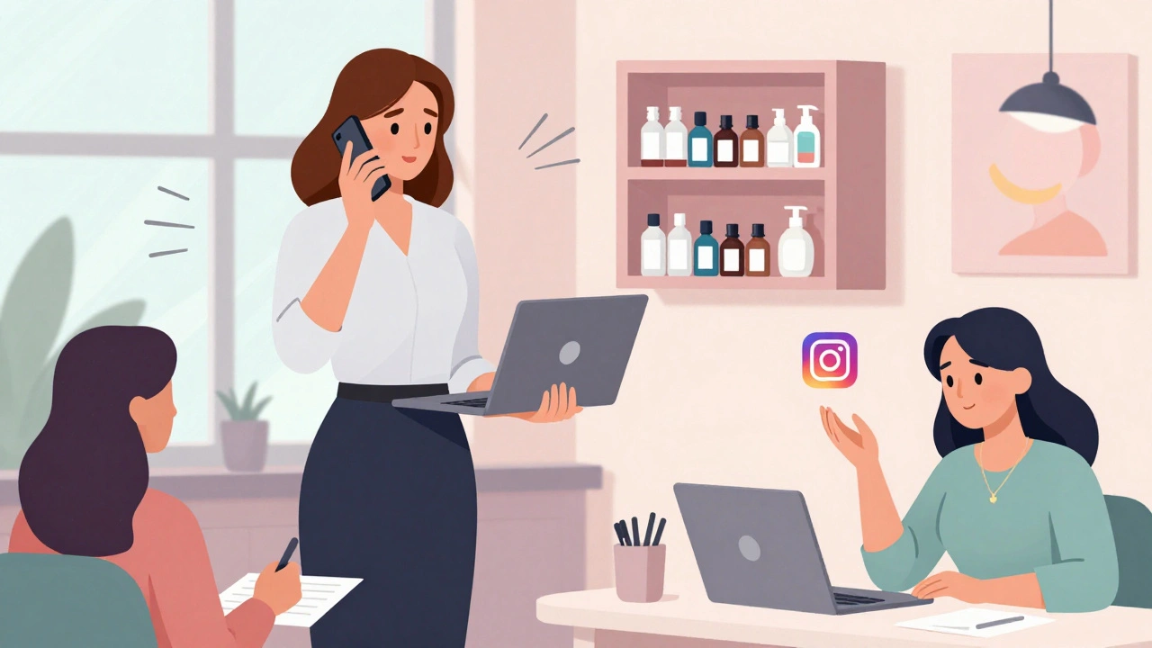 Адміністраторка одночасно веде запис, працює з косметикою та публікує пост в соцмережах.