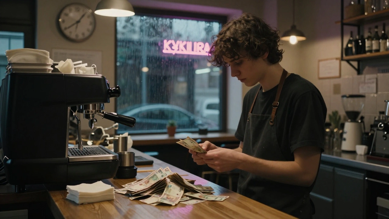 Бариста рахує готівку наприкінці зміни в кав’ярні, за вікном дощ.