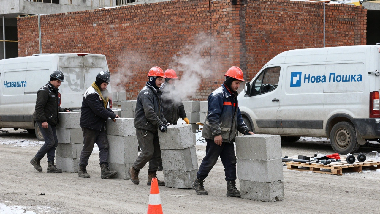 Будівельники перетягують бетонні блоки в зимовий ранок у Києві.