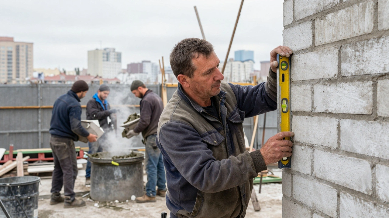 Досвідчений каменщик перевіряє рівність стіни рівнем на будівництві в Києві.