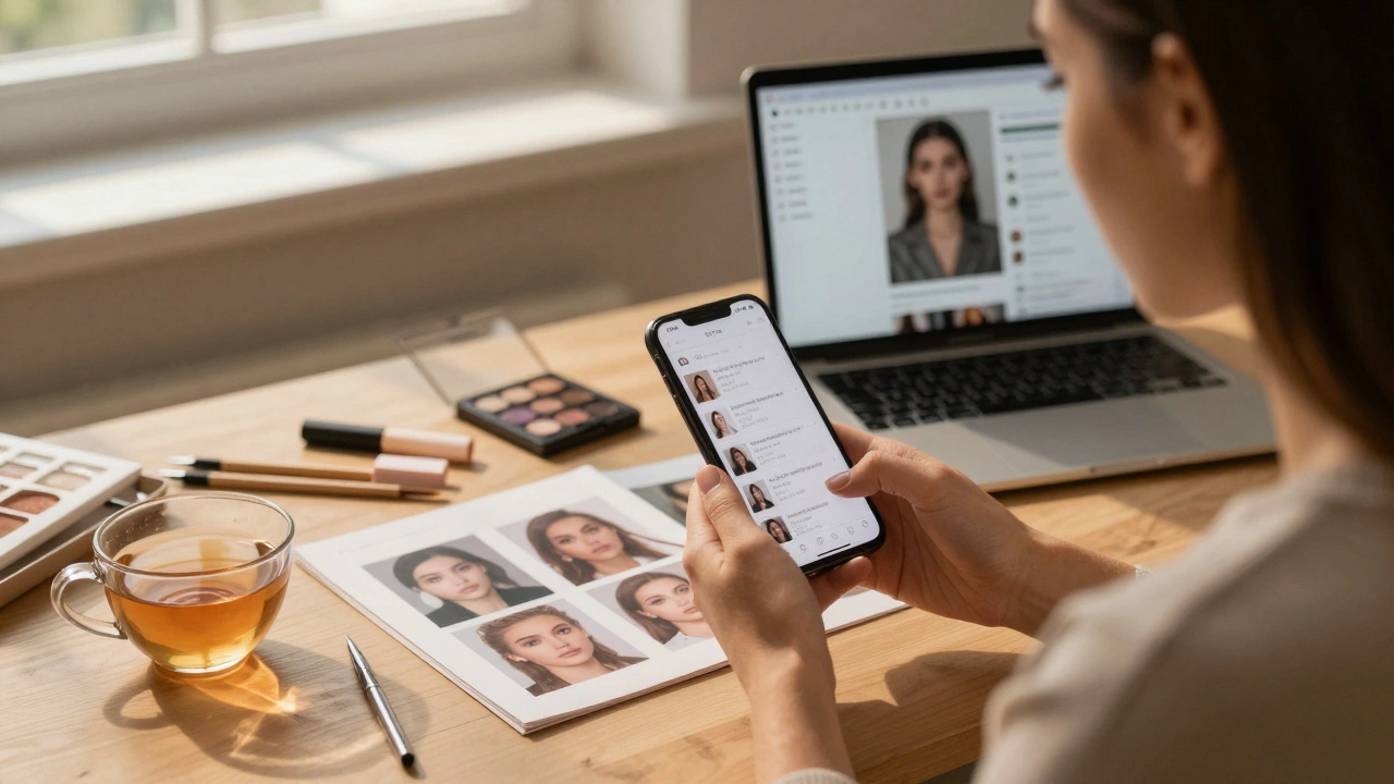 Фрілансерка-бровістка з фото до/після на телефоні, працює в затишному домашньому просторі.