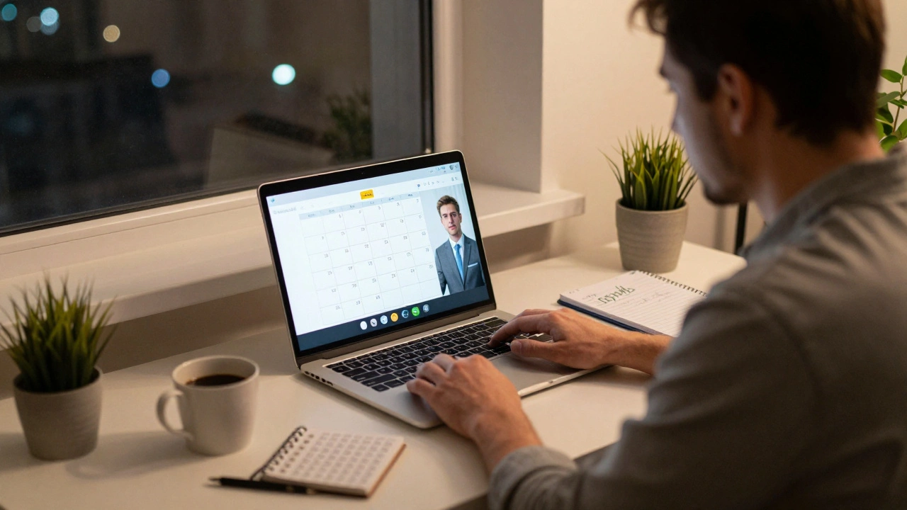 Головний бухгалтер працює з дому вночі, веде відеодзвінок з банком, за вікном — вуличні вогні Києва.