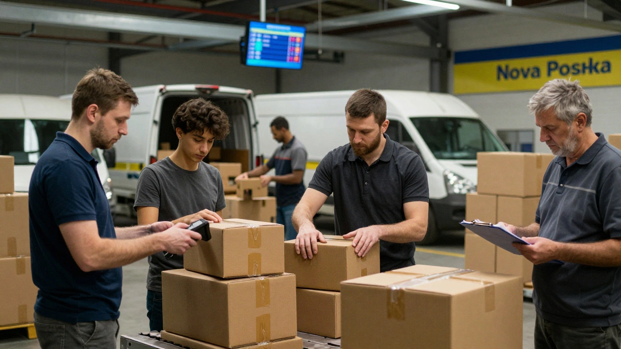 Група працівників на складі Nova Poshta завантажує посилки в вантажівку.