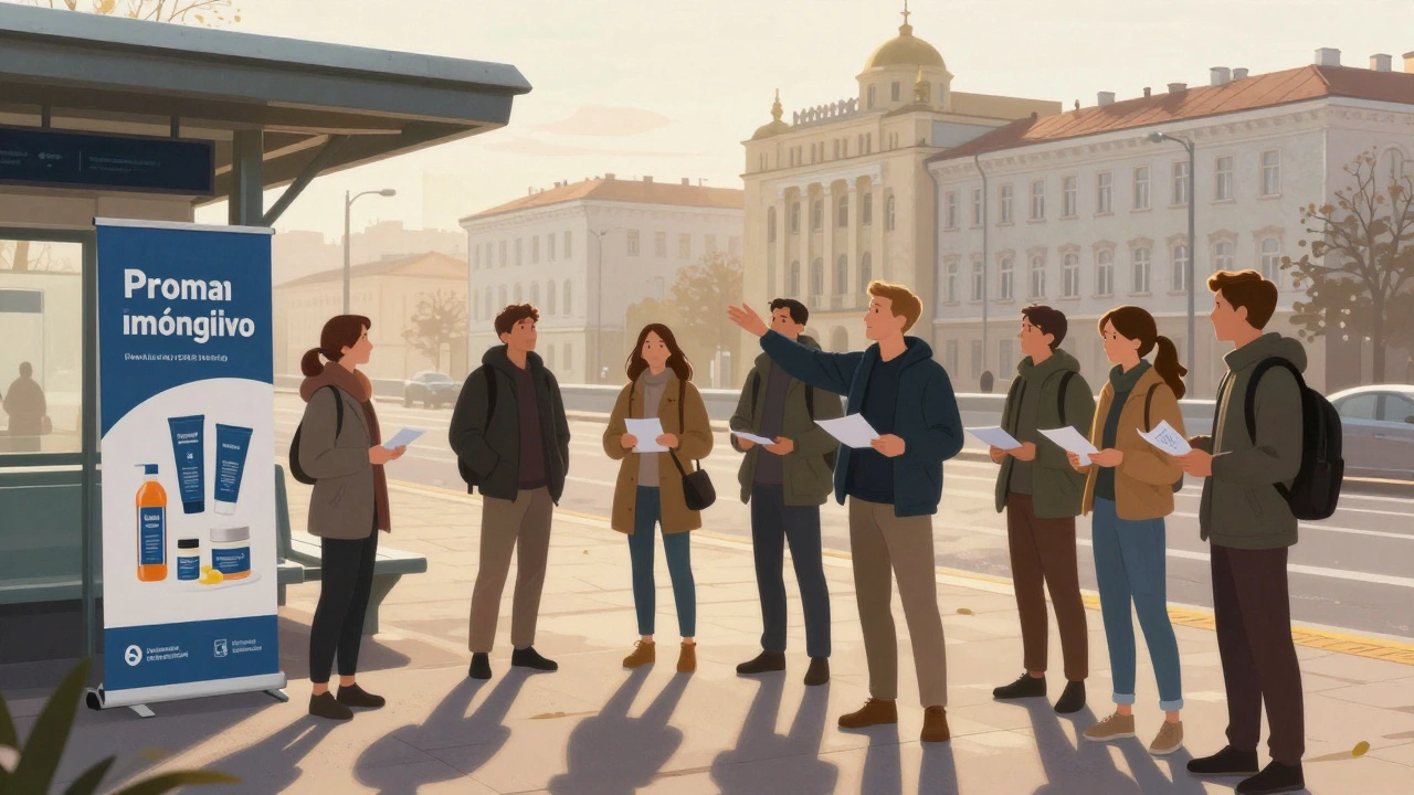 Група промоутерів під час ранкового збору біля станції метро в Києві.